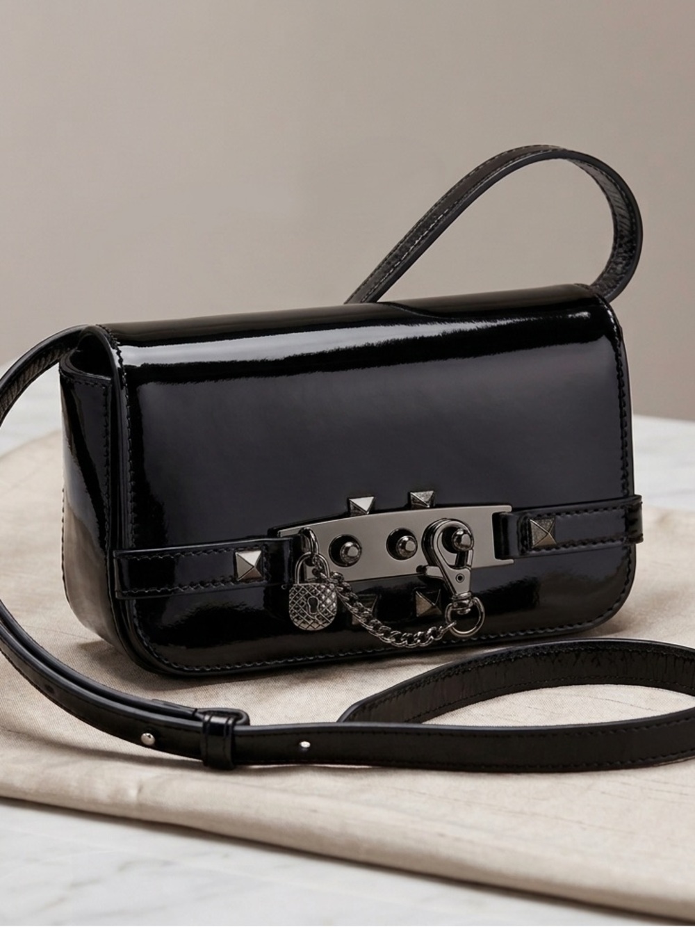 The Kooples / Black Patent Crossbody Bag with Silver Chain Charm